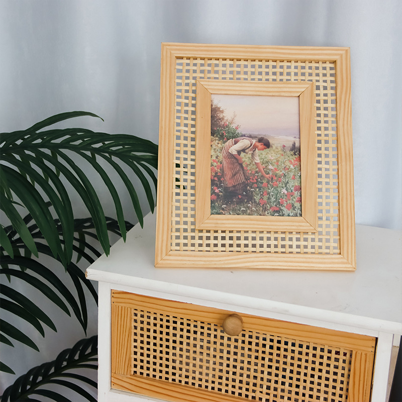 Nordic Solid Wood Rattan Woven - Bamboo Photo Frame ulasan dan harga