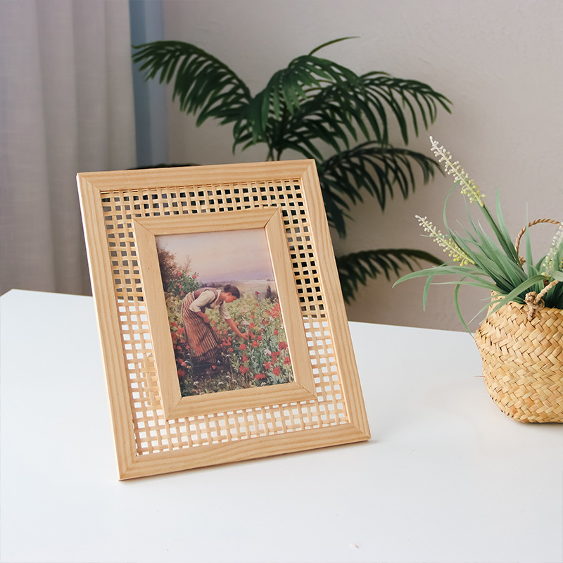 Nordic Solid Wood Rattan Woven - Bamboo Photo Frame ulasan dan harga