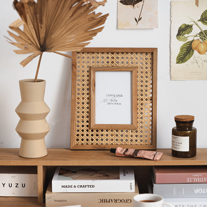 Nordic Solid Wood Rattan Woven - Bamboo Photo Frame ulasan dan harga